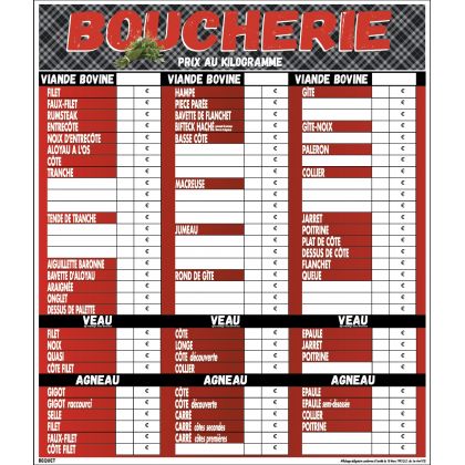 Tableau de tarifs Boucherie/Charcuterie/ Triperie « Tendance » - Nombreux modèles