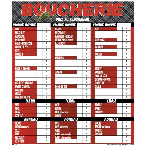 Tableau de tarifs Boucherie/Charcuterie/ Triperie « Tendance » - Nombreux modèles