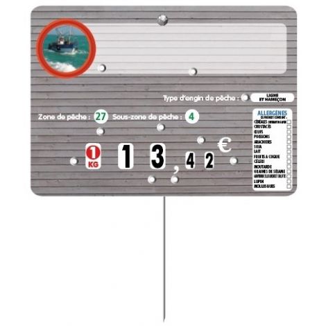 Paquet de 10 Etiquettes  14x10cm Poseidon neutres. 8 roulettes.encart allergènes. pique inox