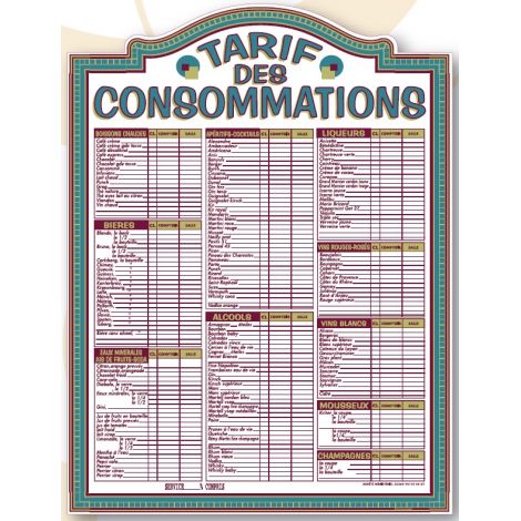 Tarif 65x45.5 cm Majestic Consommations + fil nylon